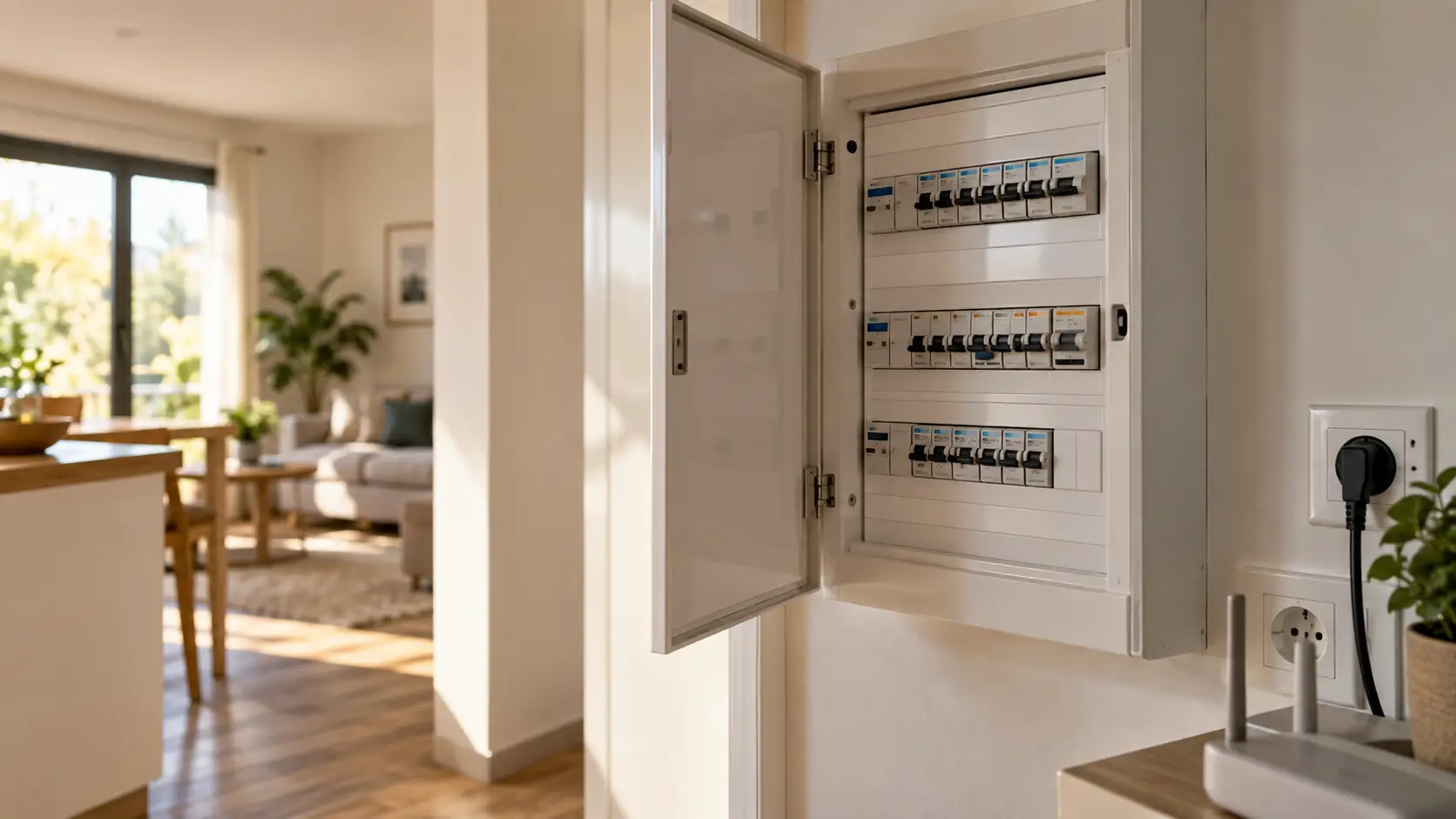 Tableau électrique ouvert dans un intérieur moderne