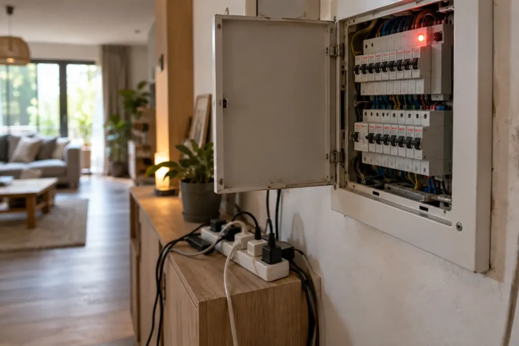 Tableau électrique ouvert dans un salon chaleureux